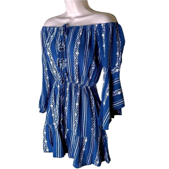 Blue Floral Print Off the Shoulders Bell Sleeve Boho Mini Dress Size S - Picture 1 of 11